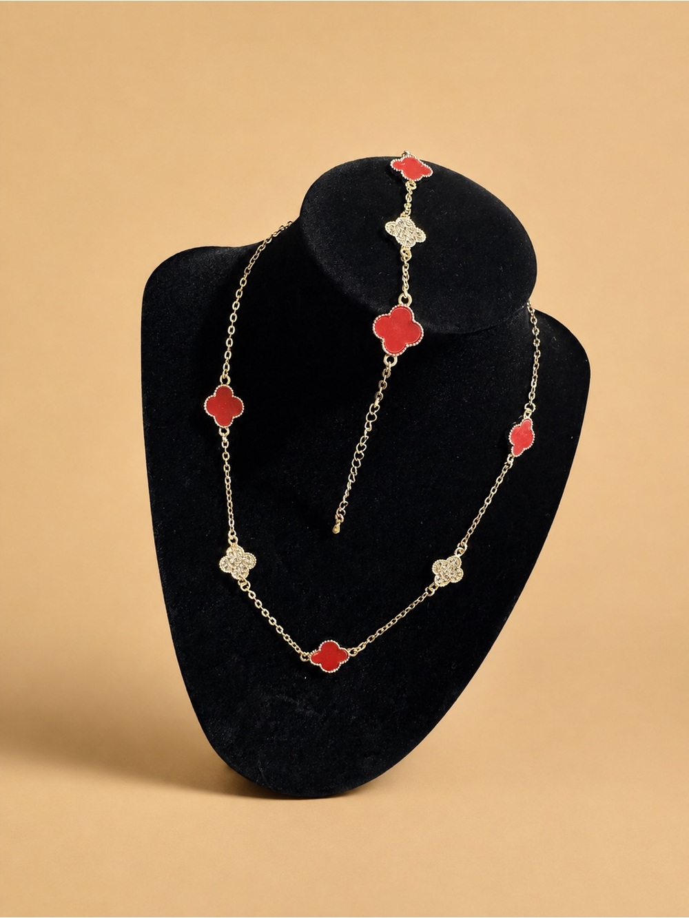 Gold Chain Necklace with Red Clover Pendants
